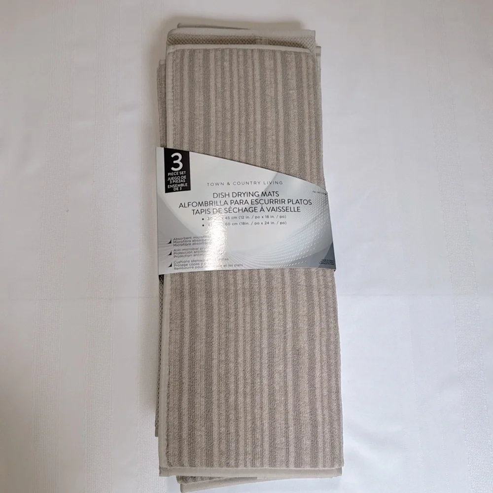 Town & Country Living Dish Drying Mat Set 3-Pack Beige Absorbent NWT